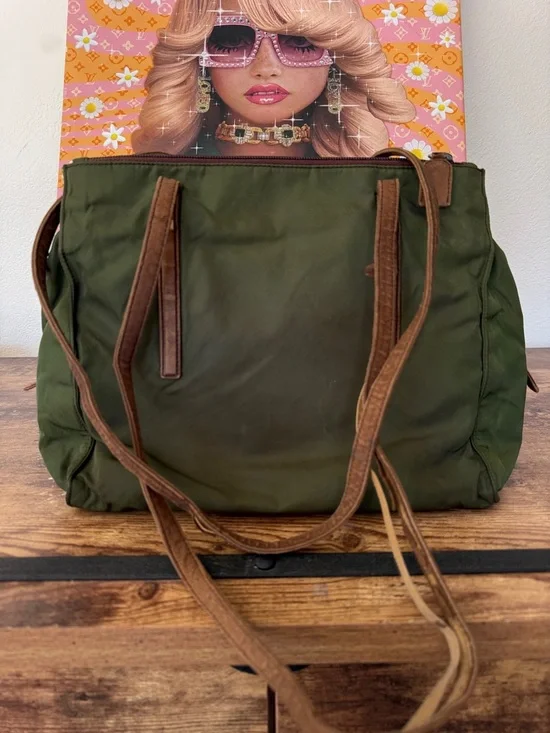 Prada Olive Green Nylon Tote with Brown Leather Trim. - Picture 6 of 9